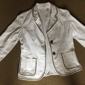 White jacket with brown piping